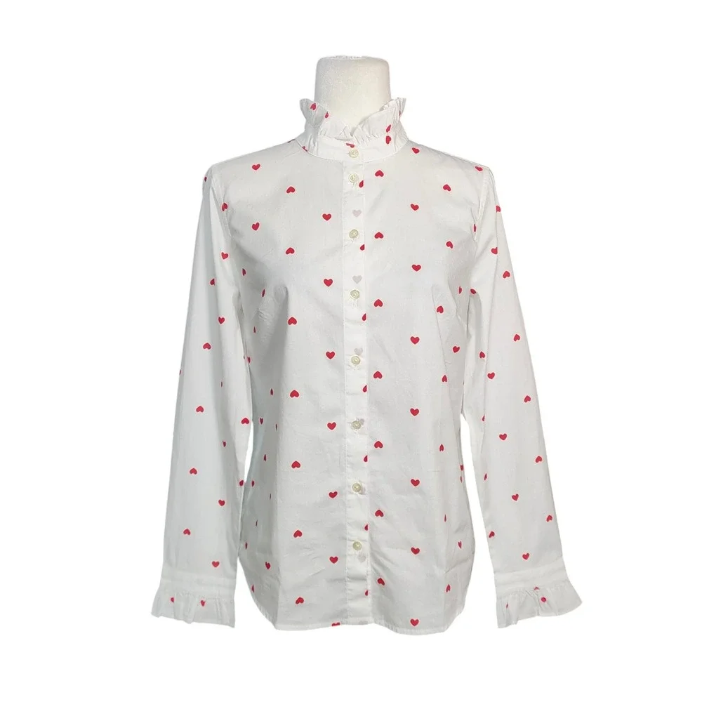 J.‎ Crew NEW Heart Print Button Down Shirt White Ruffle Collar Cute Small NWT